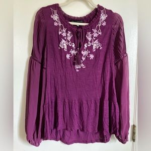 🌞White House Black Market Maroon Embroidered Floral Lace Long Sleeve Blouse #Gr